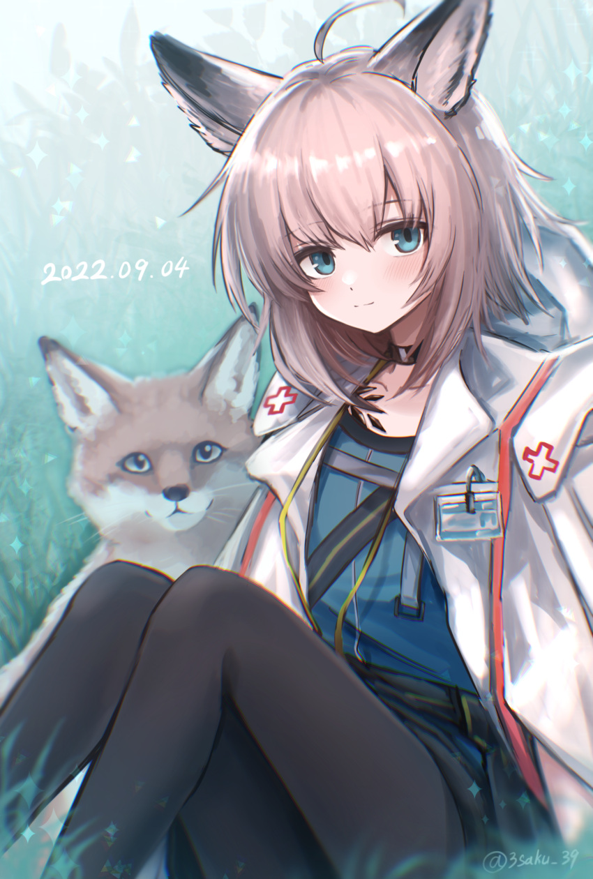1girl 3_(sanyako1) ahoge animal animal_ear_fluff animal_ears arknights black_pantyhose black_skirt blue_shirt closed_mouth commentary_request dated feet_out_of_frame fox fox_ears highres hood hood_down hooded_jacket jacket knees_up looking_at_viewer open_clothes open_jacket pantyhose shirt sitting skirt smile solo sussurro_(arknights) white_jacket