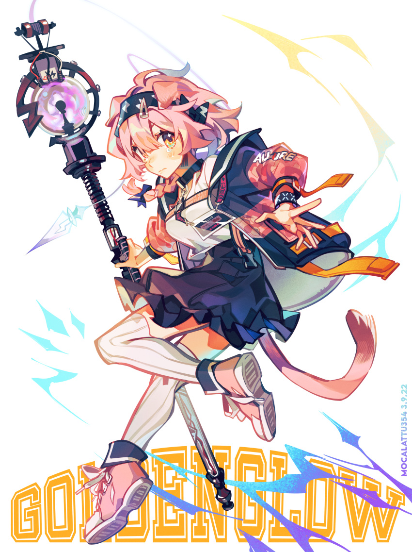 1girl absurdres animal_ears arknights bangs black_hairband black_jacket black_skirt blush breasts brown_eyes cat_ears cat_girl cat_tail character_name closed_mouth commentary frilled_skirt frills goldenglow_(arknights) hair_between_eyes hairband highres holding holding_staff jacket lightning_bolt_print long_sleeves looking_at_viewer medium_breasts mokkun354 open_clothes open_jacket orb pink_footwear pink_hair print_hairband puffy_long_sleeves puffy_sleeves shirt shoe_soles shoes skirt solo staff symbol-only_commentary tail thigh-highs white_shirt white_thighhighs
