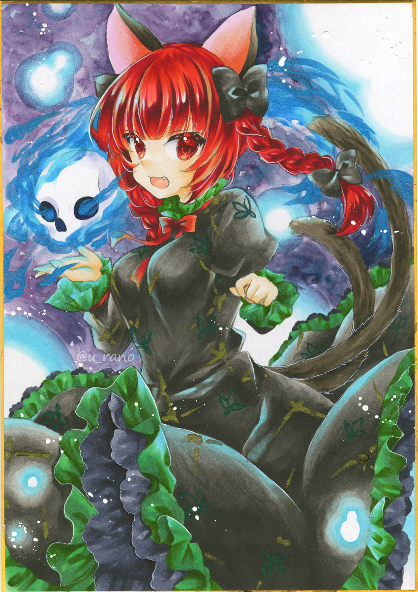1girl :3 :d absurdres animal_ears bow braid cat_ears cat_tail dress fang floating_skull hair_bow highres hitodama kaenbyou_rin long_sleeves multiple_tails painting_(medium) rano_(u_rano) red_eyes redhead shikishi smile solo tail touhou traditional_media twin_braids watercolor_(medium)