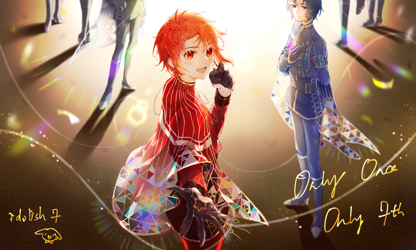 6+boys absurdres highres idolish_7 izumi_iori lens_flare looking_at_viewer male_focus multiple_boys nanase_riku outstretched_hand reaching_out red_eyes redhead short_hair smile youye139