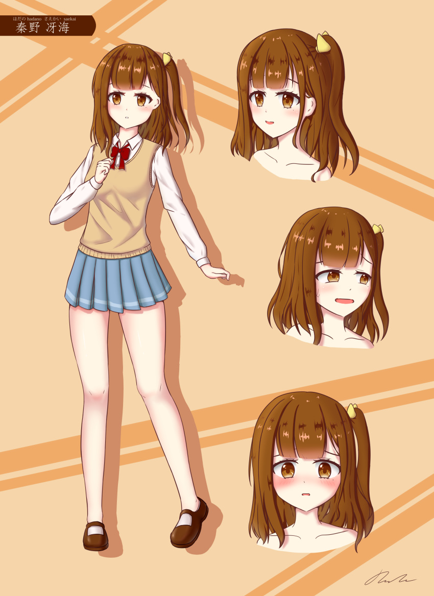 1girl absurdres blush brown_eyes brown_hair character_name english_text hair_ornament highres long_hair nude original reference_sheet school_uniform shoes smile uniform