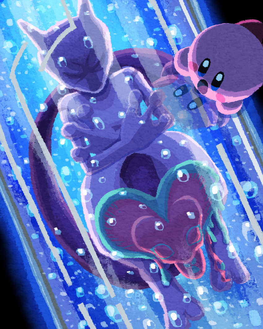 air_bubble blush_stickers bubble closed_eyes colored_skin fecto_forgo highres kirby kirby_(series) kirby_and_the_forgotten_land looking_at_another mewtwo miclot no_humans open_mouth pink_skin pokemon pokemon_(creature) purple_skin reflection solid_oval_eyes stasis_tank tail tongue