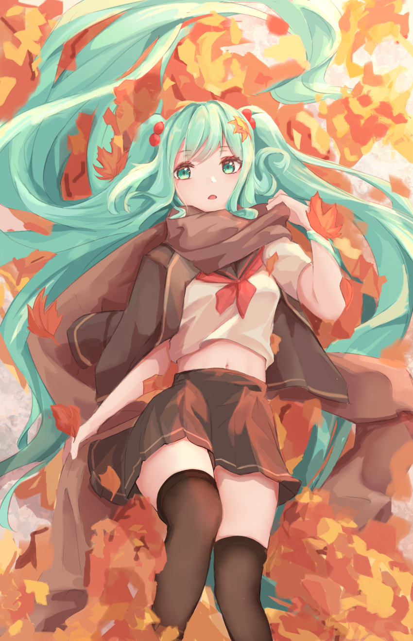 1girl absurdres aki_miku autumn_leaves blue_eyes blue_hair brown_coat brown_scarf brown_skirt brown_thighhighs coat coat_on_shoulders hair_bobbles hair_ornament hatsune_miku highres leaf leaf_on_head long_sleeves moshi_ruo neckerchief open_mouth pleated_skirt red_neckerchief scarf school_uniform shirt short_sleeves skirt solo thigh-highs triangle_mouth vocaloid white_shirt
