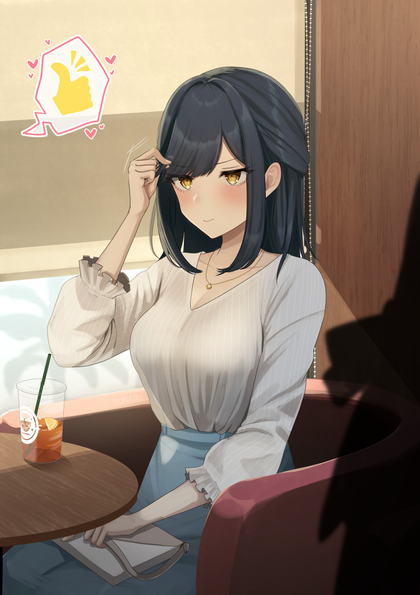 1girl absurdres bag bangs black_hair blouse blue_skirt blush breasts cafe chair cup curtains dating disposable_cup drinking_straw frilled_sleeves frills furune_emu hair_intakes half_updo handbag heart highres jewelry large_breasts light_smile necklace original restaurant shirt sitting skirt solo_focus swept_bangs table tea thumbs_up white_shirt yellow_eyes