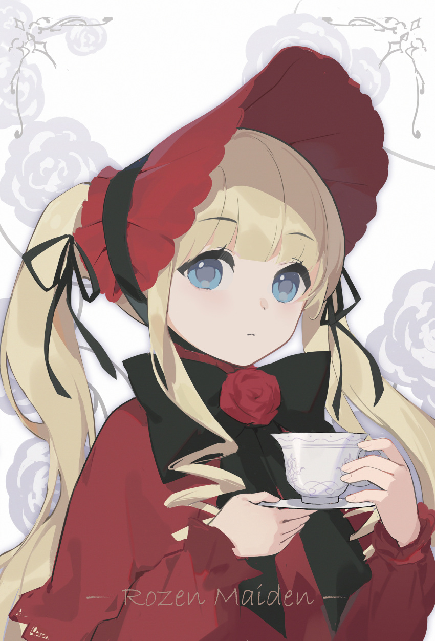 1girl absurdres black_bow blonde_hair blue_eyes bonnet bow capelet commentary_request copyright_name cup dress floral_background flower hands_up highres holding holding_cup holding_saucer long_hair long_sleeves parted_lips puffy_long_sleeves puffy_sleeves red_capelet red_dress red_flower red_headwear red_rose rose rozen_maiden saucer shinku solo teacup twintails upper_body very_long_hair vsmile white_background