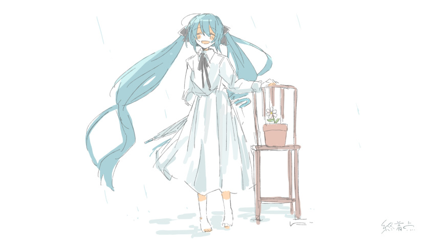 1girl :d ^_^ arusechika bangs barefoot black_bow black_ribbon blush bow chair closed_eyes commentary_request dress flower flower_pot hair_bow hatsune_miku highres long_hair long_sleeves open_mouth ribbon sidelocks simple_background smile solo twintails very_long_hair vocaloid white_background white_dress