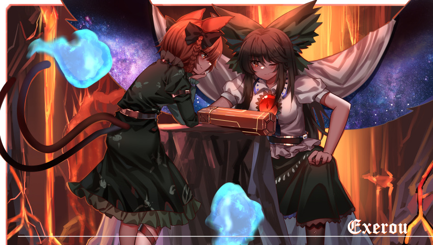 2girls absurdres animal_ears arm_cannon bird_wings black_wings blue_fire bow braid cape cat_ears cat_tail feathered_wings fire flame green_bow green_skirt hair_bow hand_on_hip heart highres hitodama kaenbyou_rin long_hair looking_at_another multiple_girls multiple_tails nekomata profile red_eyes redhead reiuji_utsuho shirt sideways_mouth skirt tail top-exerou touhou two_tails weapon white_cape wings