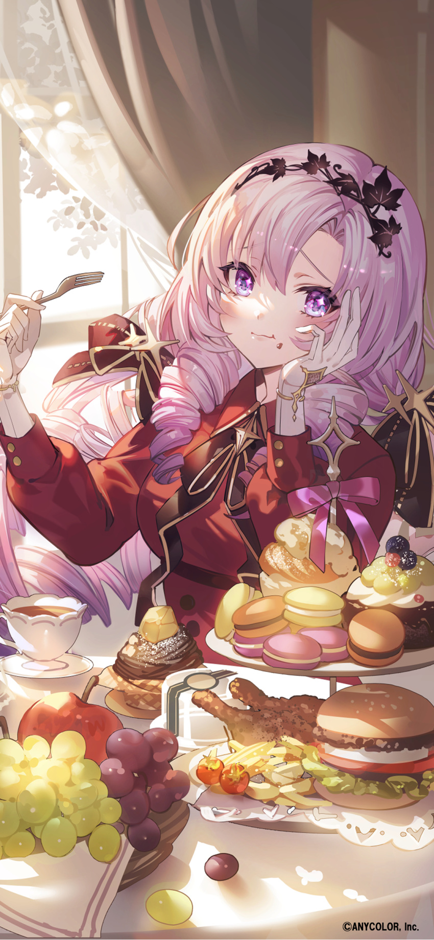 1girl absurdres apple bangs black_hair blush burger cup curtains dress food food_on_face fork french_fries fruit gloves grapes hair_ribbon hand_on_own_cheek hand_on_own_face highres holding holding_fork hyakumantenbara_salome indoors light_purple_hair long_hair long_sleeves looking_at_viewer nijisanji noir_eku non-web_source official_art puffy_long_sleeves puffy_sleeves red_dress ribbon saucer solo sweets teacup violet_eyes virtual_youtuber white_gloves window