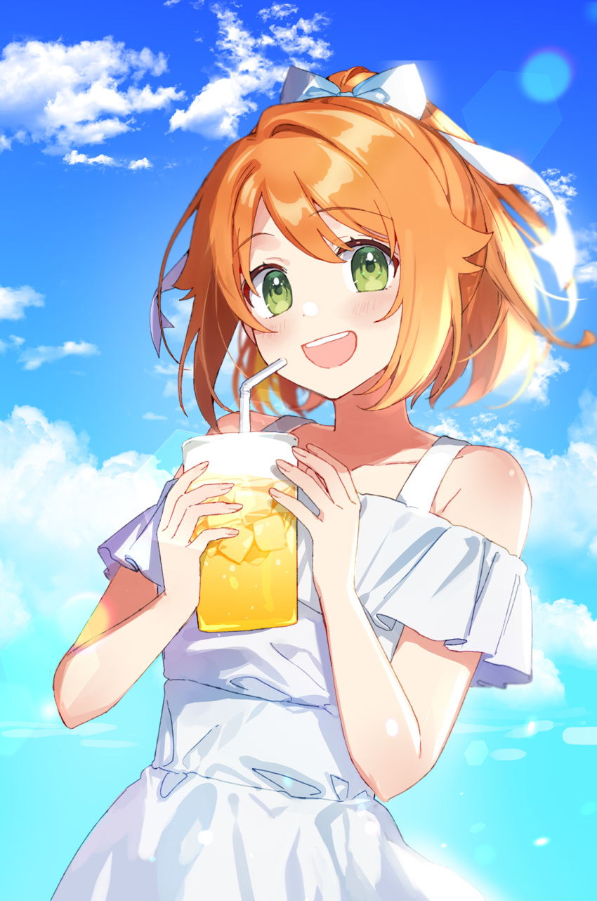 1girl bare_shoulders blush clouds collarbone cup dot_nose dress drinking_straw green_eyes hanamaru_hareru highres holding holding_cup indie_virtual_youtuber lens_flare looking_at_viewer off-shoulder_dress off_shoulder open_mouth orange_hair ponytail short_hair smile solo upper_body virtual_youtuber white_dress yumesaki_nana