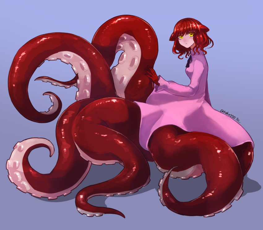 1girl animal_ears blue_background closed_mouth colored_skin dress from_side highres long_sleeves looking_at_viewer looking_to_the_side medium_hair monster_girl original pink_dress red_skin redhead ruteko_(ruko220) scylla simple_background solo suction_cups tentacles twitter_username yellow_eyes