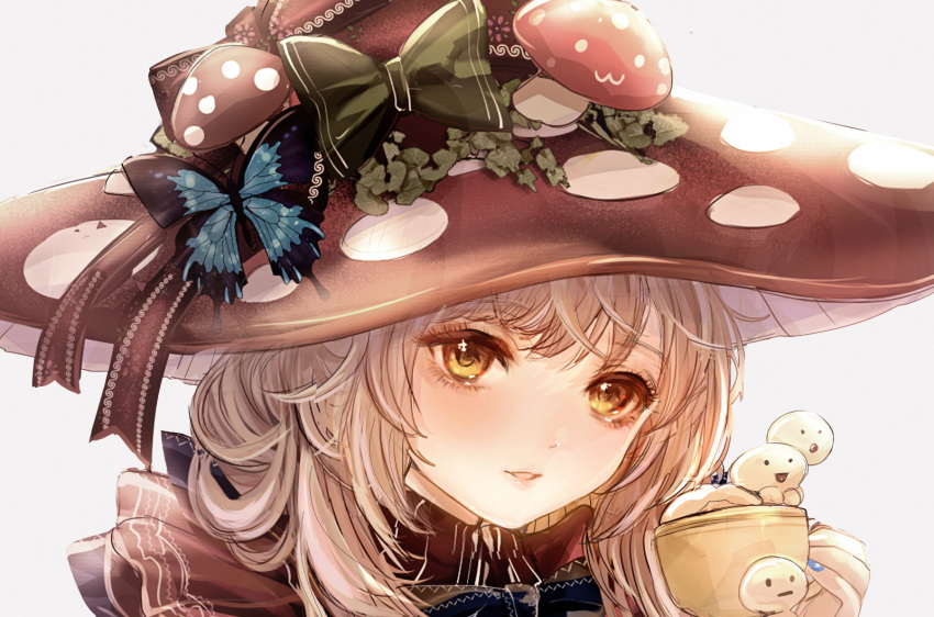 1girl bangs blue_nails bow bug butterfly cup food-themed_hair_ornament green_bow grey_background grey_hair hair_ornament hat hat_bow highres holding holding_cup komirihikku long_hair looking_at_viewer mushroom_hair_ornament nail_polish open_mouth original portrait sketch solo yellow_eyes