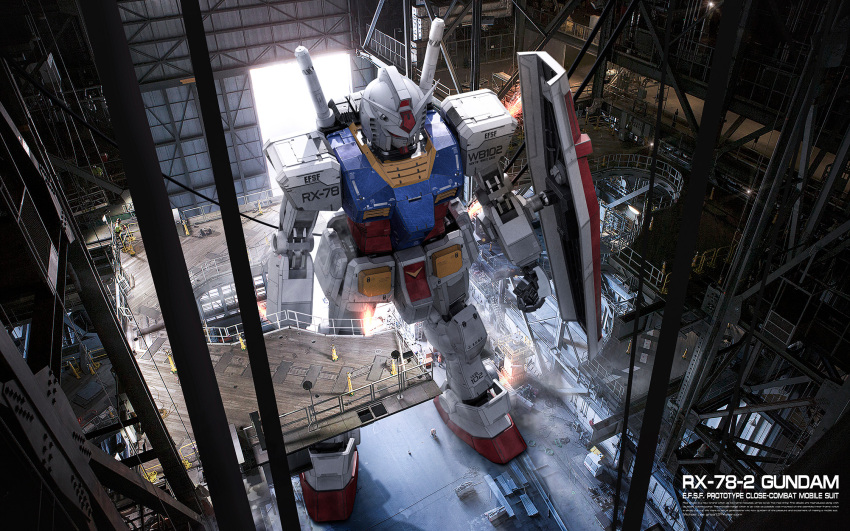 3d character_name door dutch_angle earth_federation english_text factory gundam hangar highres logo machinery mecha michaellee4 military military_base mobile_suit mobile_suit_gundam realistic robot rx-78-2 science_fiction