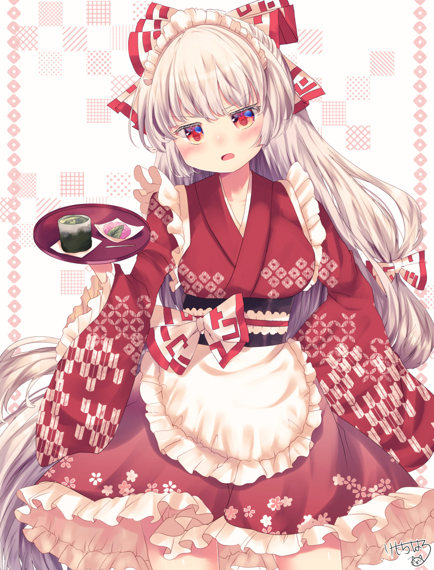 1girl absurdres alternate_costume apron blush bow breasts collarbone commentary_request contrapposto cowboy_shot cup food frills fujiwara_no_mokou grey_hair hair_bow highres holding holding_tray japanese_clothes kemo_chiharu kimono large_breasts long_hair long_sleeves looking_at_viewer maid_headdress multi-tied_hair open_mouth red_bow red_eyes red_kimono signature simple_background solo touhou tray two-tone_bow unmoving_pattern v-shaped_eyebrows very_long_hair wa_maid waist_apron white_apron white_background white_bow wide_sleeves
