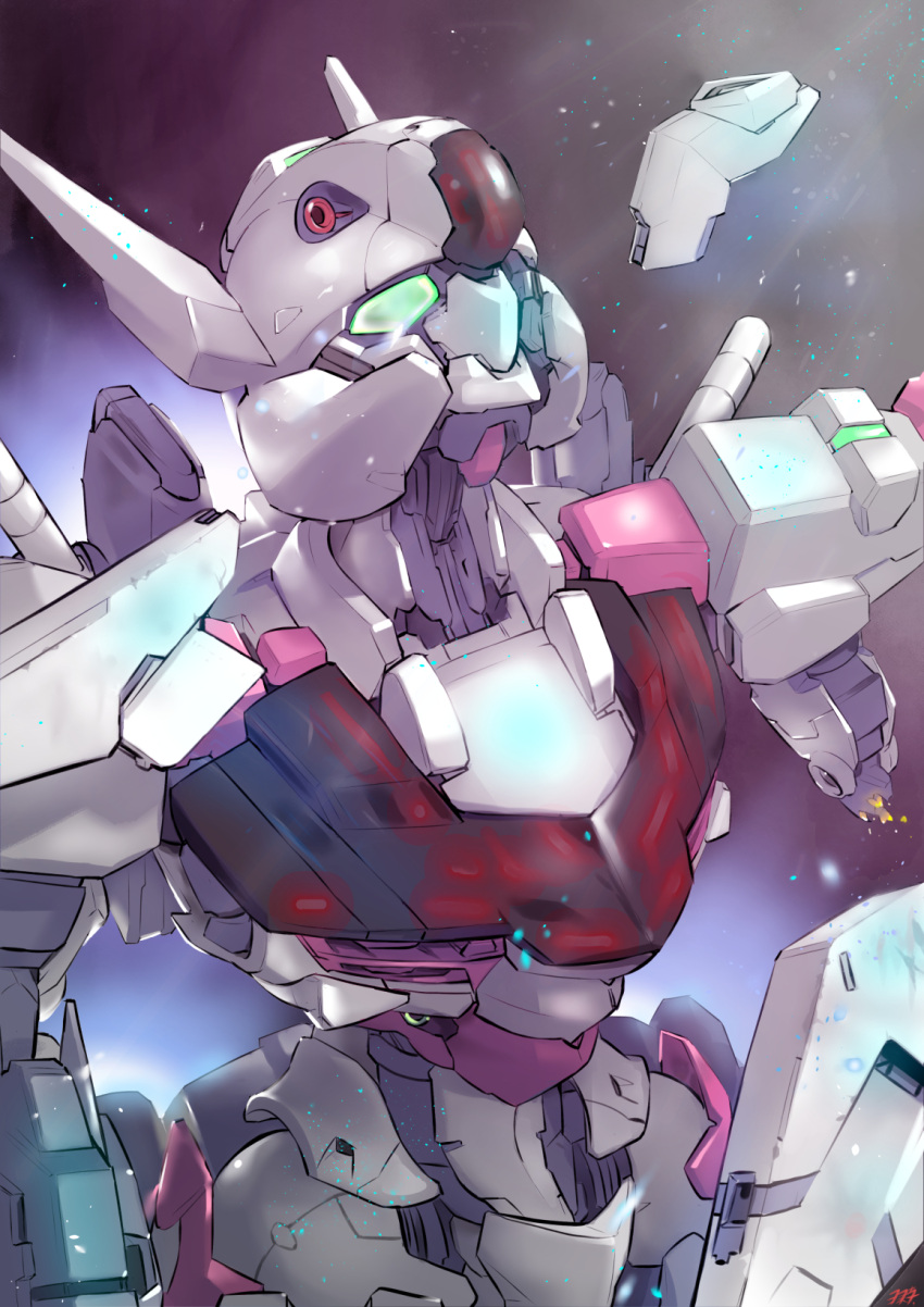 damaged green_eyes gun gundam gundam_lfrith gundam_suisei_no_majo highres holding holding_gun holding_weapon looking_up mecha missing_limb mobile_suit ni~tsu_kashi no_humans robot science_fiction solo upper_body weapon