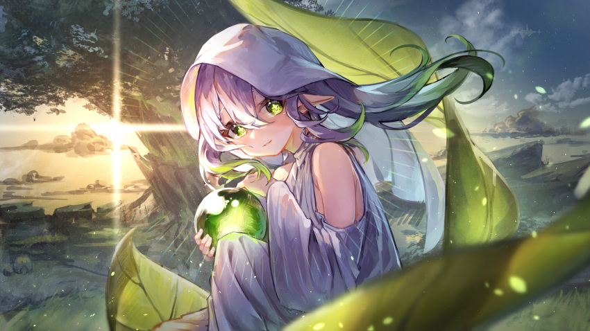 1girl absurdres bangs blush clouds crystal_ball dress genshin_impact green_eyes hair_between_eyes highres holding landscape leaf light_rays looking_at_viewer multicolored_hair nahida_(genshin_impact) outdoors sky smile solo star_(sky) sunbeam sunlight symbol-shaped_pupils tree veil white_dress white_hair white_veil wide_sleeves yu_hydra