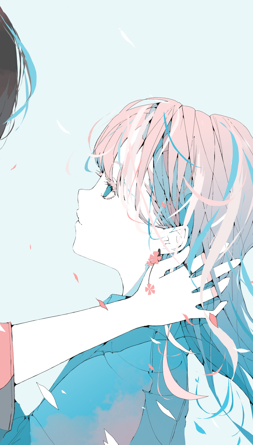 1girl absurdres blonde_hair blue_eyes blue_hair brown_hair grey_background highres looking_at_another looking_to_the_side multicolored_hair nocopyrightgirl original pale_skin petals piercing profile streaked_hair upper_body vocaloid