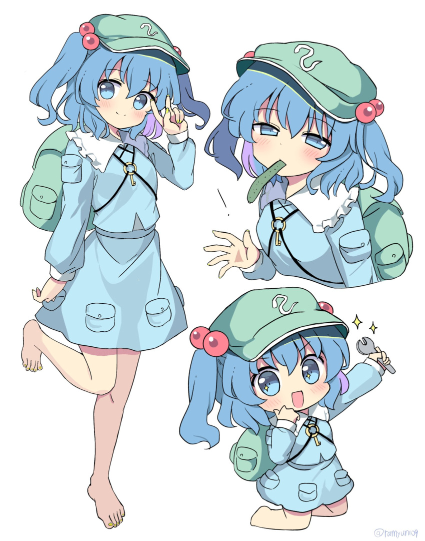 1girl backpack bag bangs bare_legs barefoot blue_eyes blue_hair blue_jacket blue_shirt blue_skirt cabbie_hat closed_mouth collared_jacket cucumber flat_cap full_body green_bag green_headwear hair_bobbles hair_ornament hat highres holding holding_wrench jacket jewelry kawashiro_nitori key key_necklace long_sleeves looking_at_viewer medium_hair multiple_views necklace open_mouth ramudia_(lamyun) shirt short_twintails simple_background skirt skirt_set smile standing standing_on_one_leg touhou twintails two_side_up white_background wrench