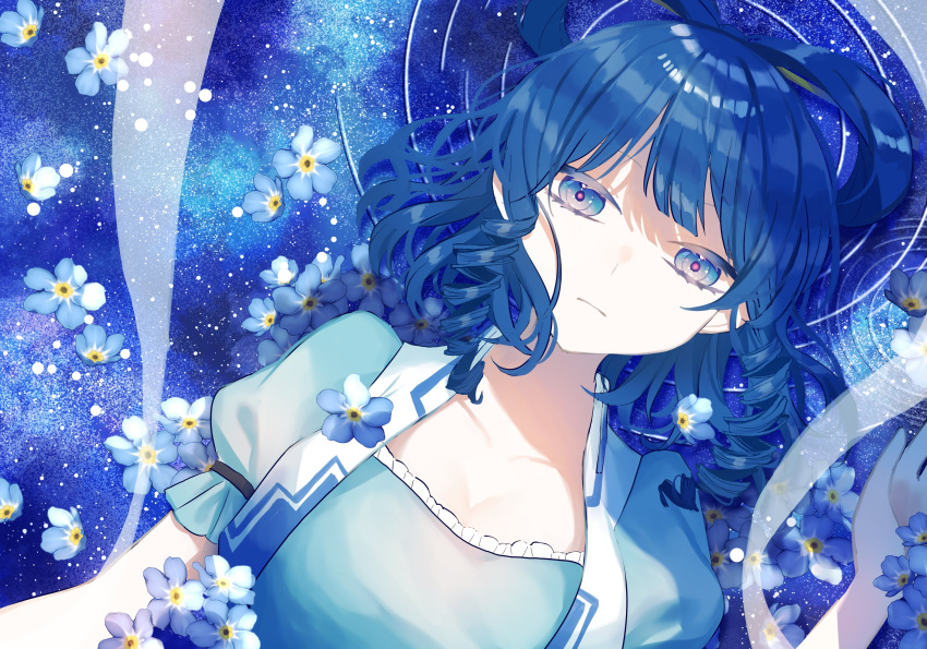 1girl absurdres blue_flower blue_hair daisy expressionless flower hagoromo hand_up highres kaku_seiga light_particles lily_(flower) looking_at_viewer lotus lying night night_sky on_back partially_submerged puffy_short_sleeves puffy_sleeves reflection ripples shawl short_sleeves sky solo star_(sky) starry_sky toraneko_2 touhou white_flower
