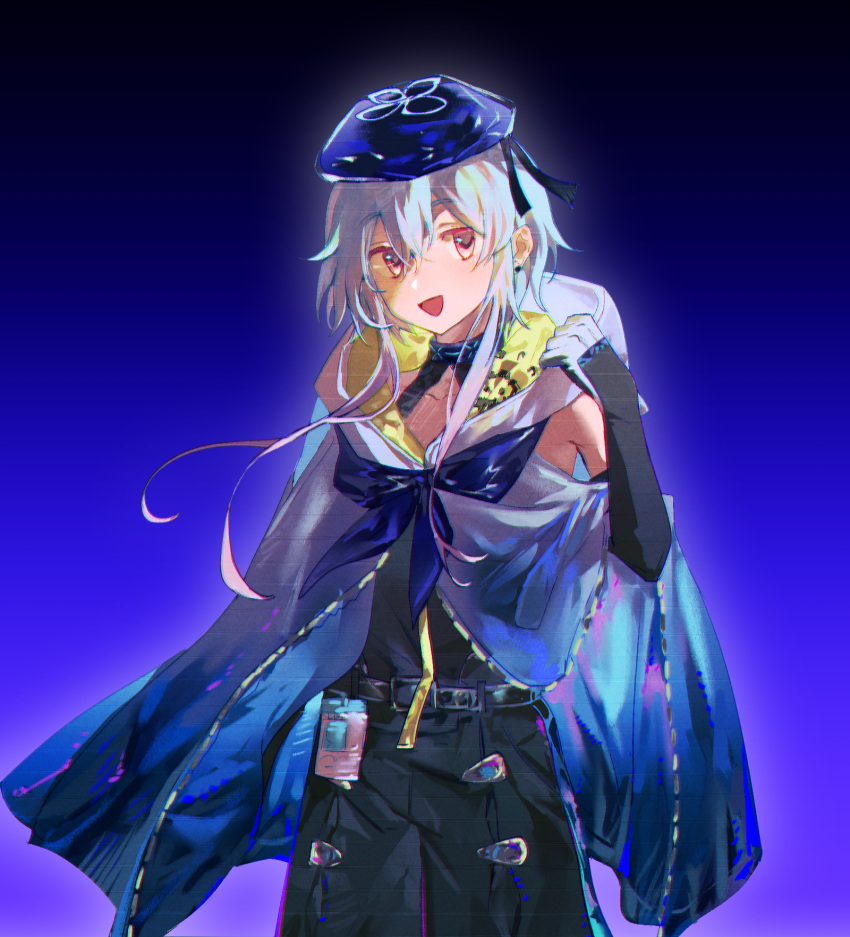 1boy androgynous arknights armpit_peek armpits bishounen blue_hair blue_ribbon collarbone cowboy_shot gloves hand_up hat highres male_focus mizuki_(arknights) open_mouth rbaraovo ribbon short_hair shorts sleeveless smile solo violet_eyes