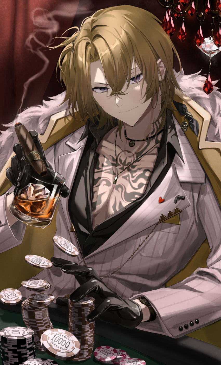 1boy absurdres akira_(nupekwa) alcohol between_fingers black_gloves blonde_hair casino chest_tattoo cigar drink earrings english_commentary formal fur_collar gambling gloves heart highres indie_virtual_youtuber indoors jewelry looking_at_viewer luca_kaneshiro male_focus necklace nijisanji poker_chip short_hair single_earring smirk smoke solo tattoo violet_eyes