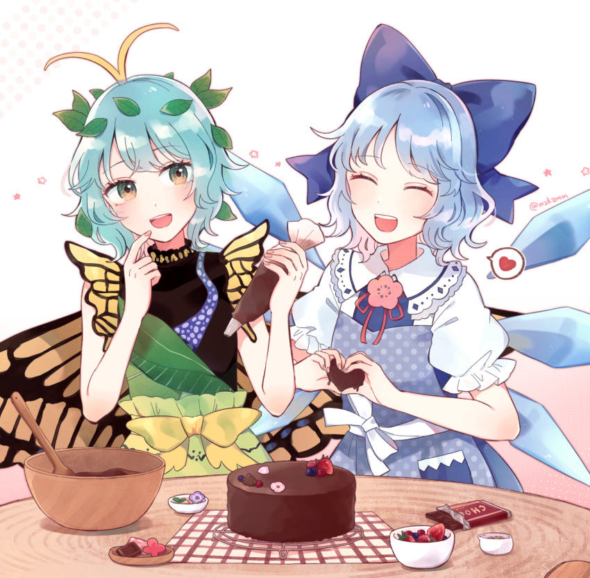 2girls antennae aqua_hair blue_bow blue_hair blush bow butterfly_wings cake chocolate chocolate_cake cirno commission commissioner_upload detached_collar dress eternity_larva fairy food green_dress hair_between_eyes hair_bow heart highres ice ice_wings leaf leaf_on_head mozukuzu_(manukedori) multicolored_clothes multicolored_dress multiple_girls open_mouth puffy_short_sleeves puffy_sleeves shirt short_hair short_sleeves skeb_commission smile spoken_heart teeth touhou upper_teeth valentine white_shirt wings yellow_eyes