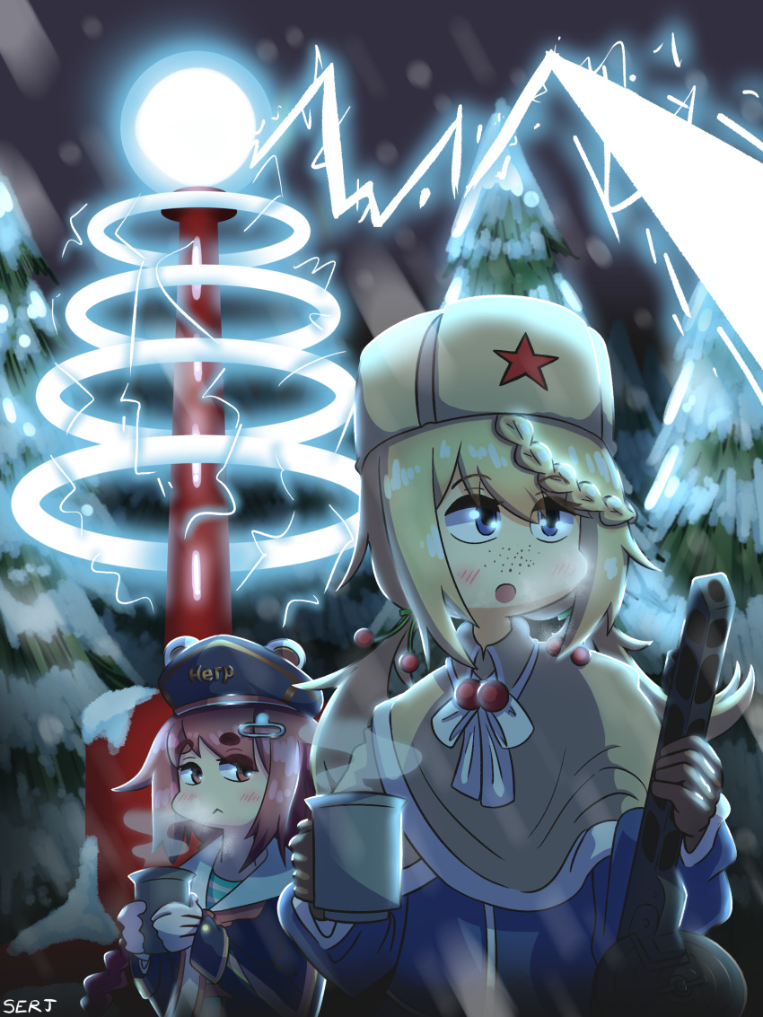 absurdres artist_name bangs blonde_hair blue_eyes blush braid brown_eyes closed_mouth command_and_conquer expressionless forest girls_frontline gloves gun hair_ornament hairclip hat highres holding holding_gun holding_weapon long_hair long_sleeves multiple_girls nature open_mouth parody pink_hair pps-43_(girls'_frontline) ppsh-41 ppsh-41_(girls'_frontline) red_star serjatronic snowing submachine_gun telnyashka tesla_coil tree upper_body weapon white_gloves
