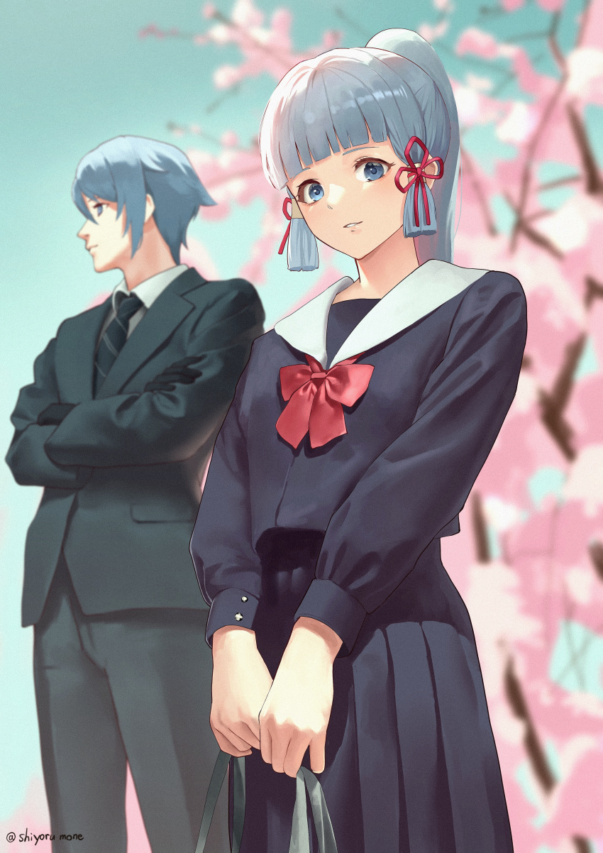 1boy 1girl absurdres alternate_costume black_gloves black_scarf black_skirt blue_eyes blue_hair blurry blurry_background bow brother_and_sister cherry_blossoms closed_mouth eyelashes film_grain formal genshin_impact gloves grey_hair hair_ribbon highres holding kamisato_ayaka kamisato_ayato light_blue_hair long_eyelashes long_hair looking_at_viewer outdoors parted_lips ponytail red_bow red_ribbon ribbon scarf school_uniform shiyorumone siblings skirt smile suit tree twitter_username