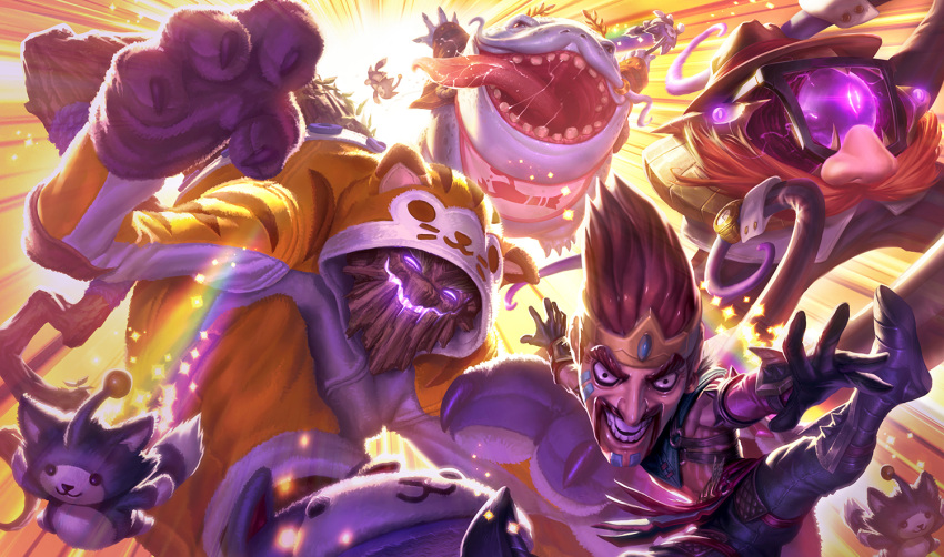 animal_hands biceps boots cat cat_paws coat collared_shirt covered_face definitely_not_maokai definitely_not_tahm_kench definitely_not_vel'koz draven draven_draven falling gauntlets glasses gloves hat league_of_legends leather leather_pants light light_rays male_focus maokai mask mature_male multiple_boys muscular muscular_male non-web_source official_alternate_costume official_art open_mouth pants pectorals rainbow shirt sparkle tahm_kench teeth tentacles tongue tongue_out underpec vel'koz watch