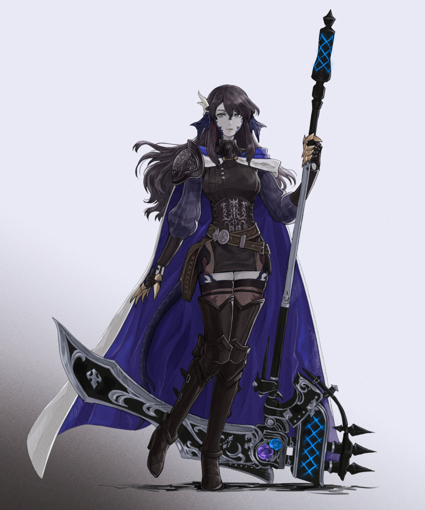 1girl absurdres au_ra avatar_(ff14) bangs black_hair black_horns boots claws dragon_horns dragon_tail english_commentary final_fantasy final_fantasy_xiv full_body grey_eyes high_heel_boots high_heels highres holding holding_scythe horns long_hair looking_at_viewer pale_skin reaper_(final_fantasy) scales scythe solo tail thigh-highs thigh_boots thighhighs_under_boots zerosshadows