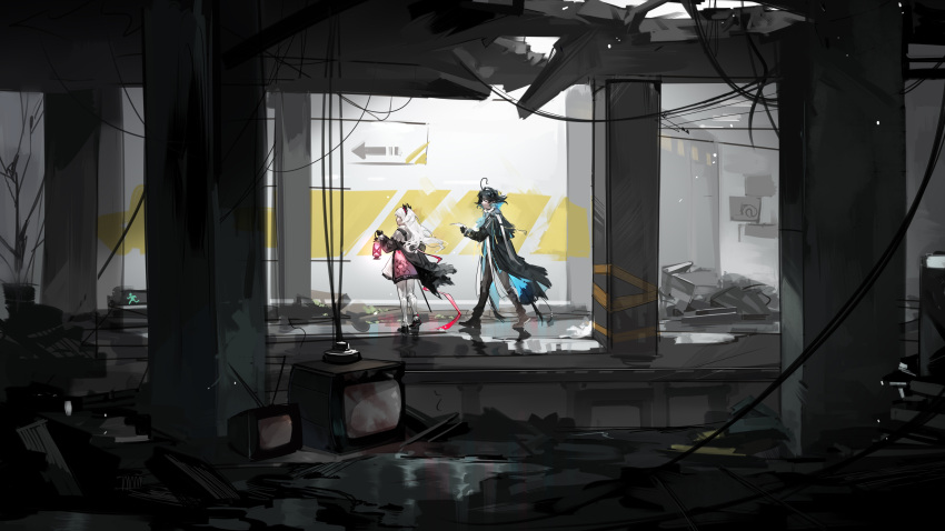 1boy 1girl absurdres ahoge arknights black_hair dongsheng from_side full_body highres holding holding_lantern irene_(arknights) lantern long_hair lumen_(arknights) pillar puddle ruins scenery short_hair subway_station television underground white_hair
