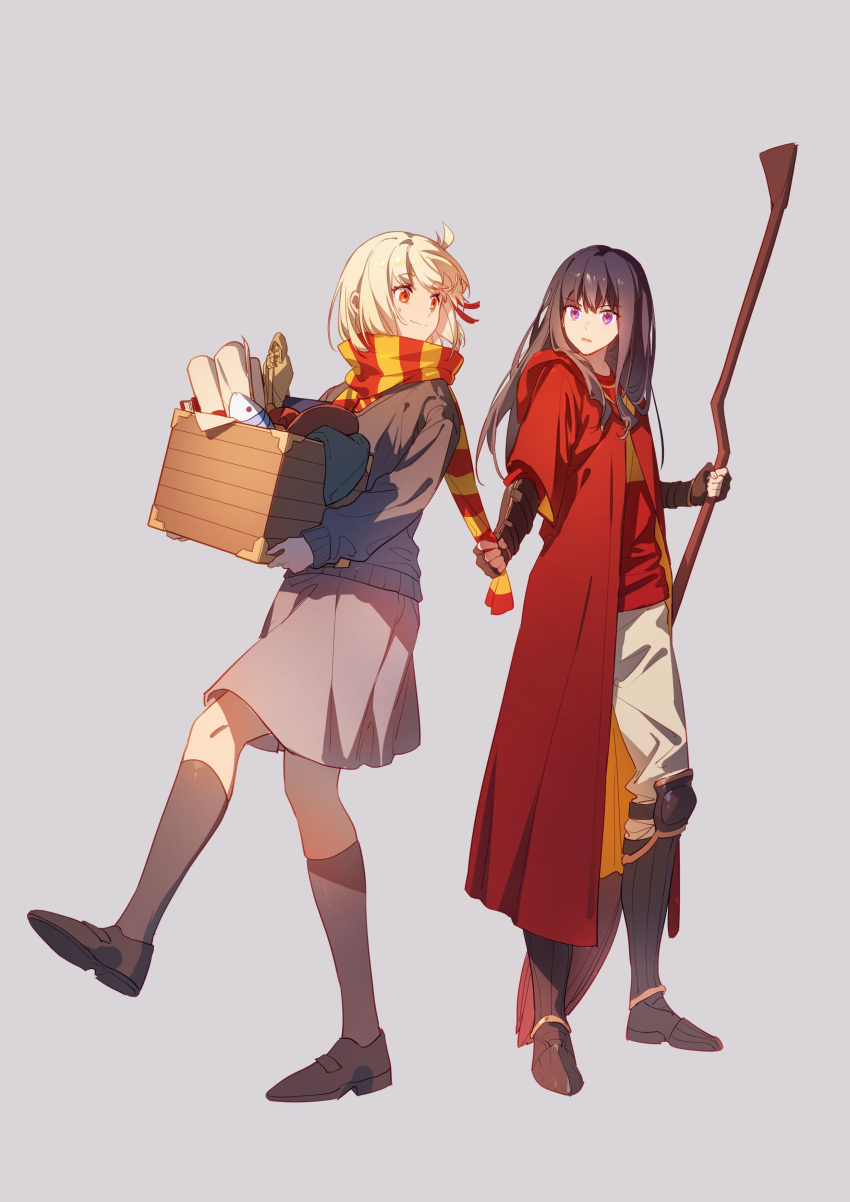 2girls absurdres alternate_costume bangs black_footwear black_hair blonde_hair book box broom commentary_request figure fish grey_sweater gryffindor hair_ribbon harry_potter_(series) highres hogwarts_school_uniform holding holding_box holding_broom inoue_takina long_hair long_sleeves looking_at_another lycoris_recoil multiple_girls nishikigi_chisato pleated_skirt red_eyes red_ribbon red_robe ribbon robe scarf scarf_pull school_uniform scroll shoes short_hair skirt smile standing sweatdrop sweater violet_eyes walluku wooden_box