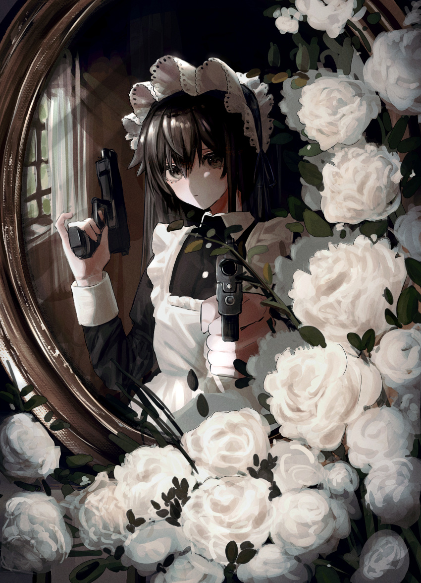 1girl apron bangs black_dress black_hair commentary_request curtains dress dual_wielding flower gun handgun highres holding holding_gun holding_weapon indoors long_hair long_sleeves looking_at_viewer maid maid_apron maid_headdress mirror original puffy_long_sleeves puffy_sleeves rose senakira solo upper_body weapon white_apron white_flower white_rose window