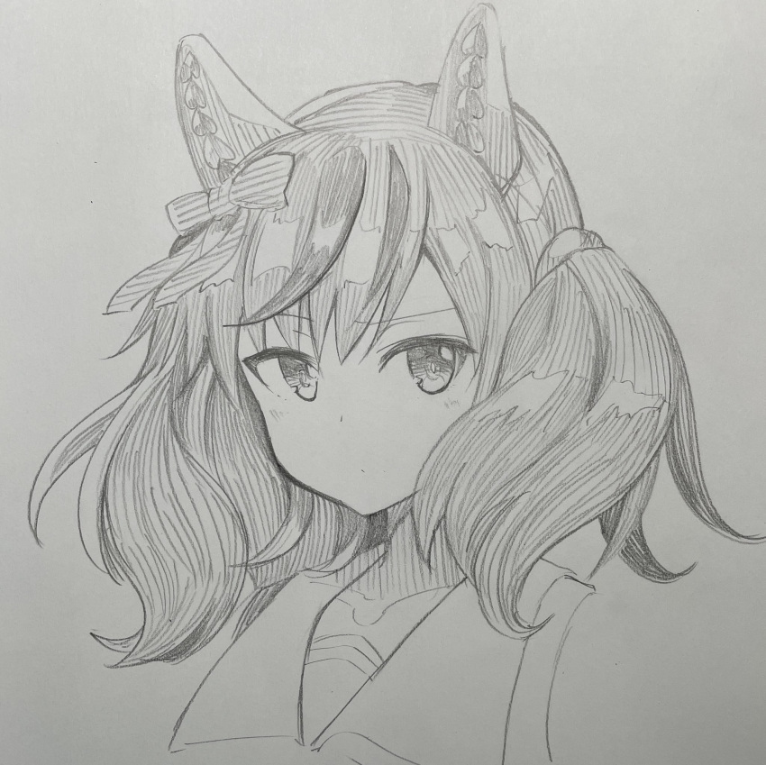 1girl animal_ears bangs closed_mouth dot_mouth ear_covers ear_ribbon graphite_(medium) highres horse_ears horse_girl looking_at_viewer monochrome nice_nature_(umamusume) sailor_collar short_hair simple_background solo traditional_media tsuji_kazuho two_side_up umamusume upper_body white_background