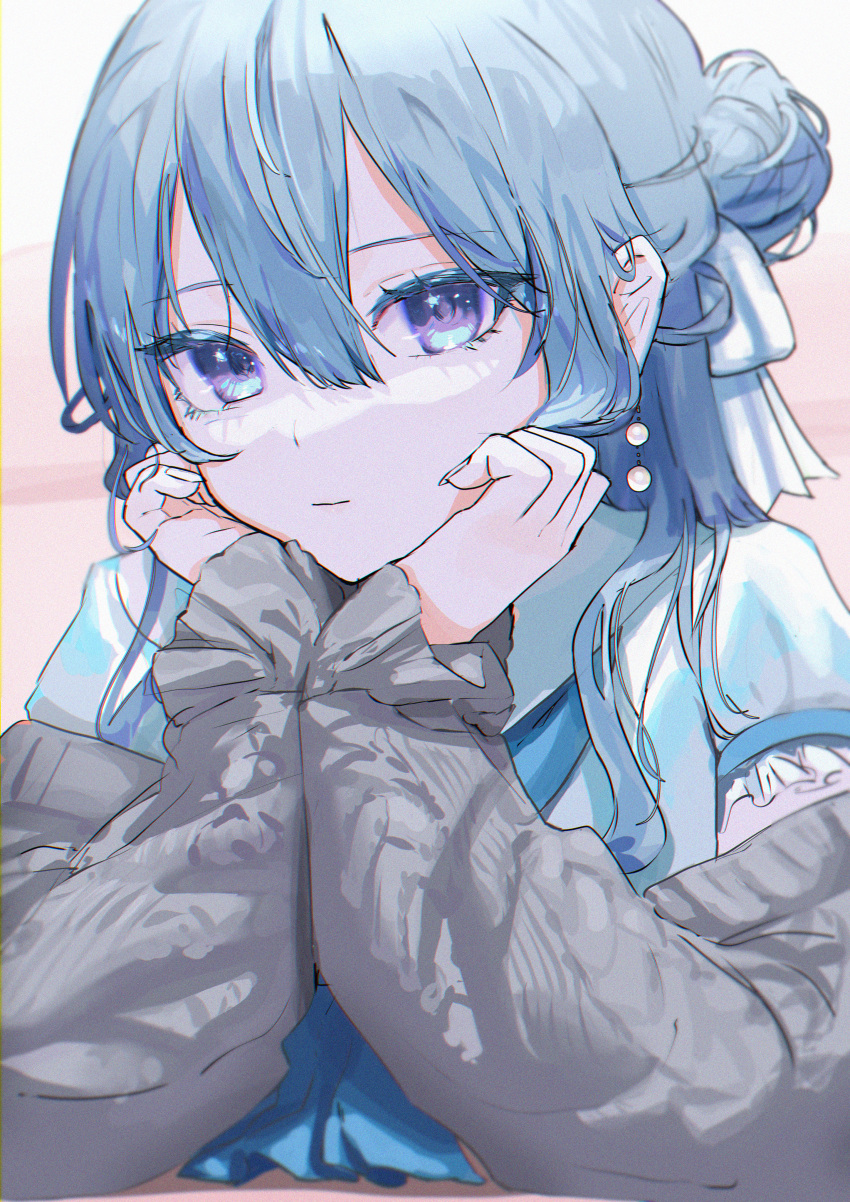 1girl absurdres blue_hair blue_shirt closed_mouth frilled_sleeves frills grey_jacket hands_on_own_chest head_rest highres hololive hoshimachi_suisei jacket long_hair long_sleeves looking_at_viewer off_shoulder open_clothes open_jacket roitz_(_roitz_) shirt short_sleeves solo star_(symbol) star_in_eye symbol_in_eye upper_body violet_eyes virtual_youtuber