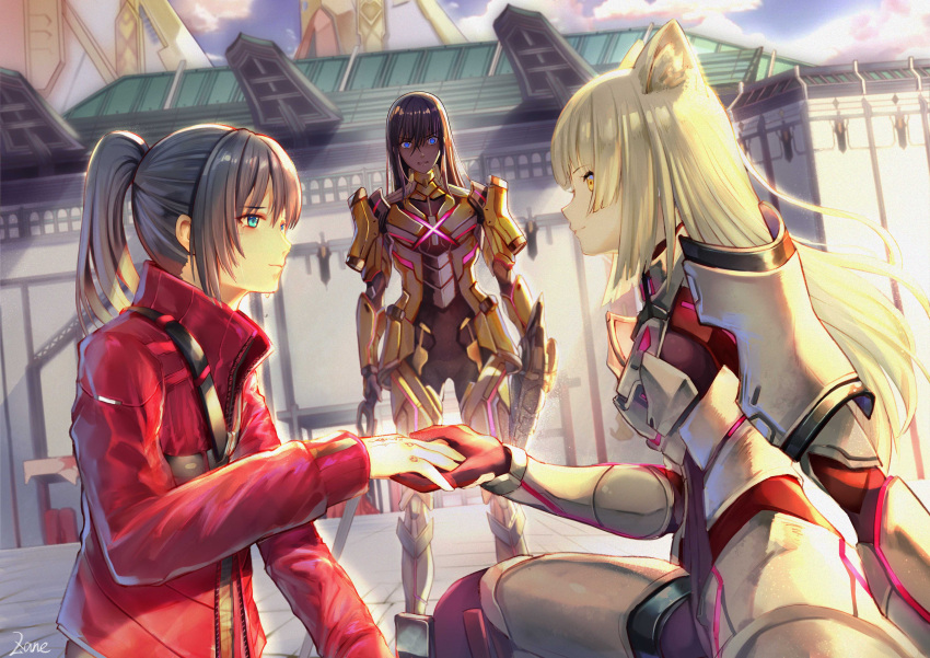 1girl 2boys absurdres animal_ear_fluff animal_ears armor artist_name black_hair blue_eyes blue_sky bruise cat_ears clouds crying crying_with_eyes_open despair highres holding holding_hands holding_sword holding_weapon injury kneeling light_rays long_hair looking_at_another lucky_seven_(xenoblade) m_(xenoblade) mio_(xenoblade) multiple_boys n_(xenoblade) noah_(xenoblade) outdoors ponytail shaded_face sheath sky smile spoilers staring sunbeam sunlight surprised sword tattoo tears weapon white_hair xenoblade_chronicles_(series) xenoblade_chronicles_3 yellow_eyes zane_fnyx7843