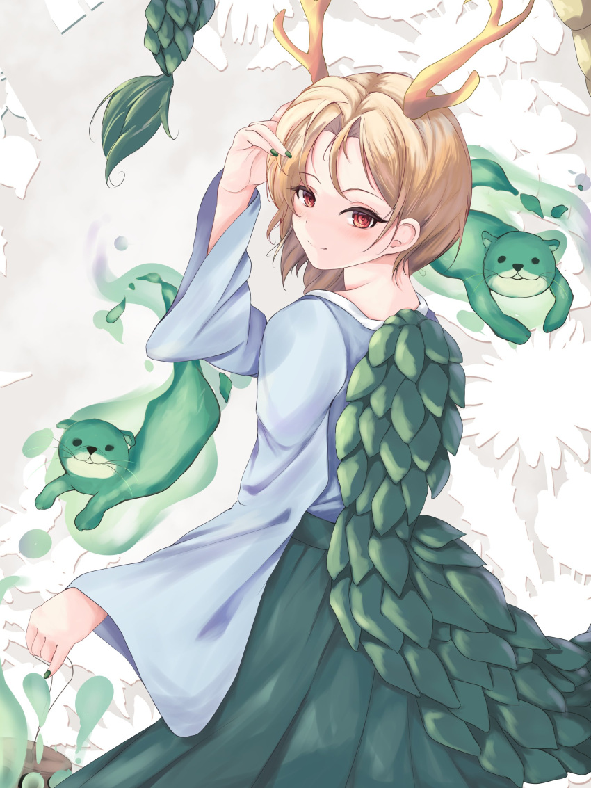 1girl absurdres black_nails blonde_hair blue_shirt closed_mouth dragon_horns dragon_tail green_skirt highres horns kicchou_yachie long_sleeves looking_at_viewer orchid_(orukido) otter otter_spirit_(touhou) red_eyes shirt short_hair simple_background skirt smile solo tail touhou turtle_shell white_background wide_sleeves