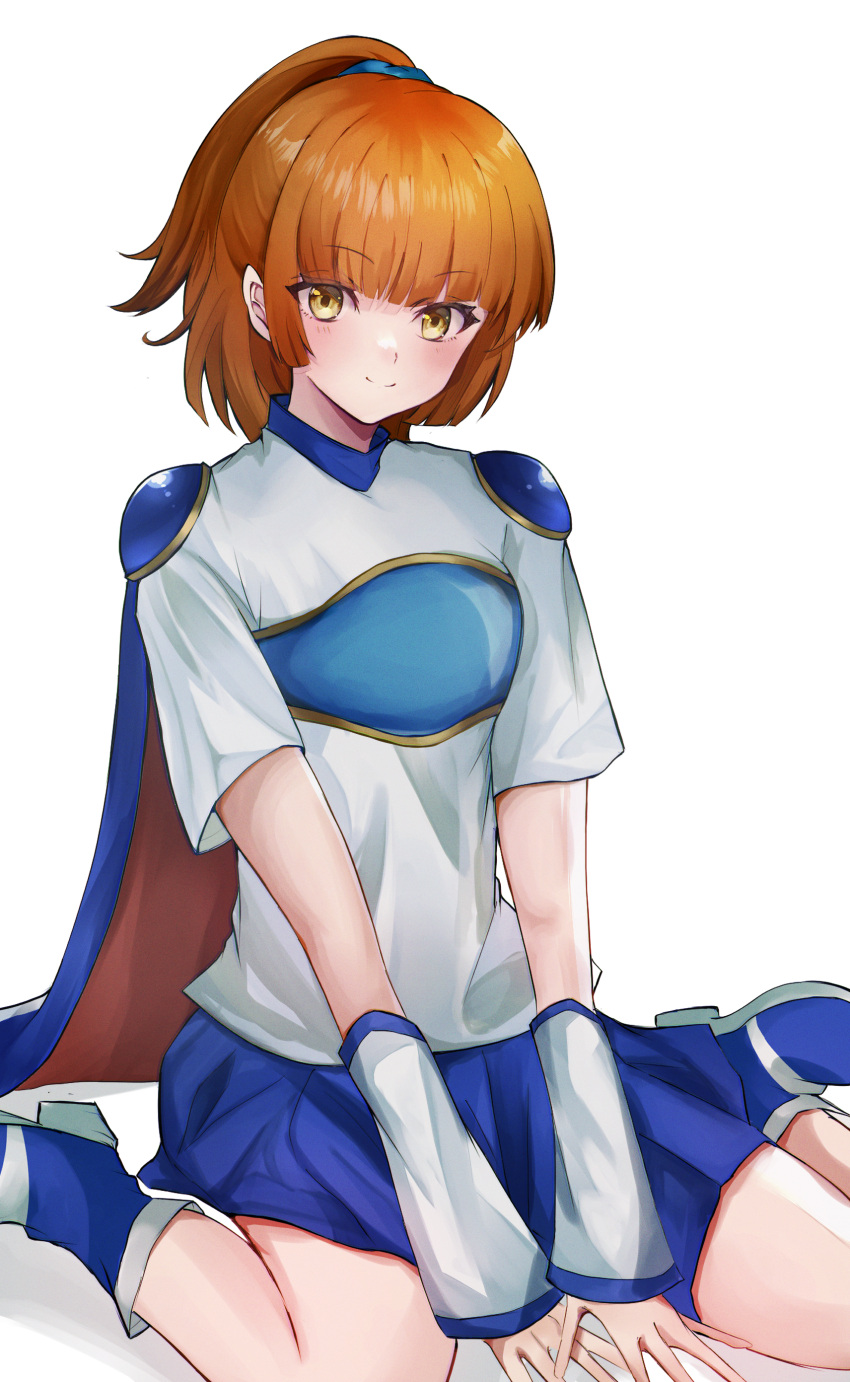 1girl absurdres amo_(pixiv24460428) arle_nadja armor bangs blue_cape blue_footwear blue_skirt blunt_bangs blush boots brown_hair cape chest_guard closed_mouth detached_sleeves half_updo highres looking_at_viewer miniskirt orange_hair pauldrons puyopuyo red_cape school_uniform short_hair short_sleeves shoulder_armor sitting skirt smile solo two-sided_cape two-sided_fabric wariza white_skirt wide_ponytail yuigaoka_school_uniform