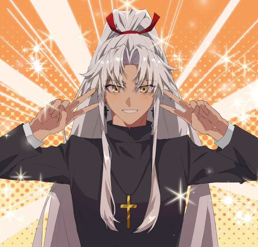 1boy amakusa_shirou_(fate) bangs blush brown_eyes commentary_request cross cross_necklace dark-skinned_male dark_skin double_v earrings emotional_engine_-_full_drive fate/apocrypha fate/grand_order fate_(series) hair_ribbon highres jewelry long_hair long_sleeves looking_at_viewer male_focus mutsu_(621300) necklace official_alternate_hair_length official_alternate_hairstyle parted_bangs priest red_ribbon ribbon smile solo sparkle teeth upper_body v very_long_hair white_hair yellow_eyes