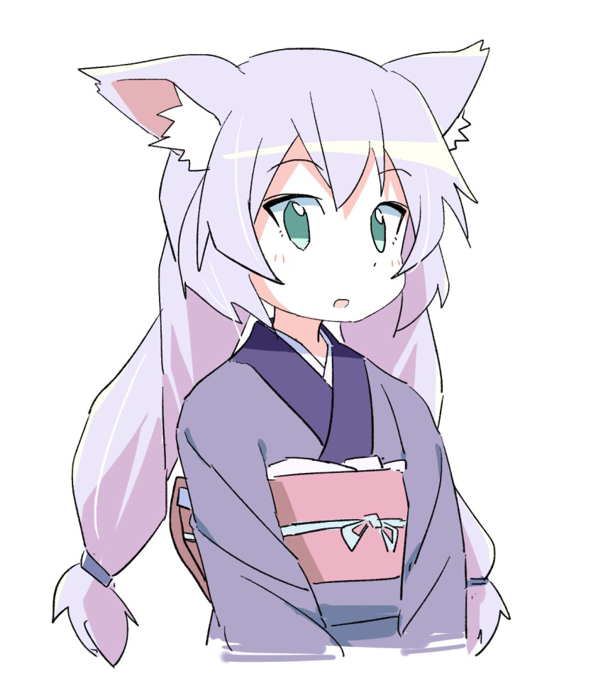 1girl animal_ear_fluff animal_ears bangs blush commentary_request cropped_torso green_eyes hair_between_eyes highres japanese_clothes kimono long_hair looking_at_viewer low_twintails obi original parted_lips purple_hair purple_kimono roku_no_hito sash simple_background solo twintails upper_body very_long_hair white_background