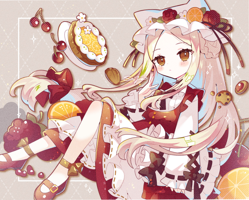 1girl :&lt; almond animal_hat black_bow blonde_hair blush bow brown_eyes cat_hat cherry chocolate_chip_cookie choker closed_mouth commentary_request cookie dress flower food fruit fruit_hat_ornament full_body hat hat_flower hat_leaf knee_up lemon lemon_slice long_hair long_sleeves looking_at_viewer mary_janes mob_cap original pinafore_dress raspberry red_dress red_footwear ribbon_trim saijo1201 shirt shoes sidelocks solo white_headwear white_shirt