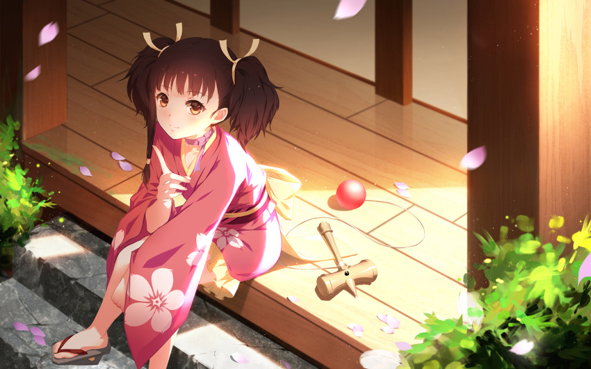 1girl bangs barefoot brown_eyes brown_hair cherry_blossom_print cherry_blossoms choker closed_mouth floral_print hair_ribbon highres index_finger_raised japanese_clothes kimono koutetsujou_no_kabaneri long_hair mumei_(kabaneri) petals pink_kimono pink_ribbon print_kimono ribbon ribbon_choker shiny shiny_hair sitting solo twintails yellow_ribbon yijian_ma