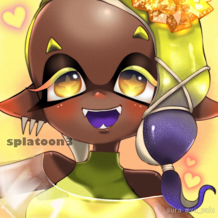 +_+ 1girl artist_name asymmetrical_hair bare_shoulders blonde_hair blue_hair blush breasts colored_eyelashes commentary copyright_name dark-skinned_female dark_skin ear_blush earrings english_text fangs forehead frye_(splatoon) gradient_hair hair_tie half-closed_eyes happy heart highres jewelry looking_at_viewer medium_breasts multicolored_hair multiple_earrings nu_(ura_mya_pain) object_on_head open_mouth pointy_ears shiny shiny_hair shiny_skin shirt sidelocks simple_background sleeveless sleeveless_shirt smile solo splatoon_(series) splatoon_3 symbol-only_commentary teeth tentacle_hair tentacles twitter_username two-tone_hair watermark yellow_background yellow_eyes