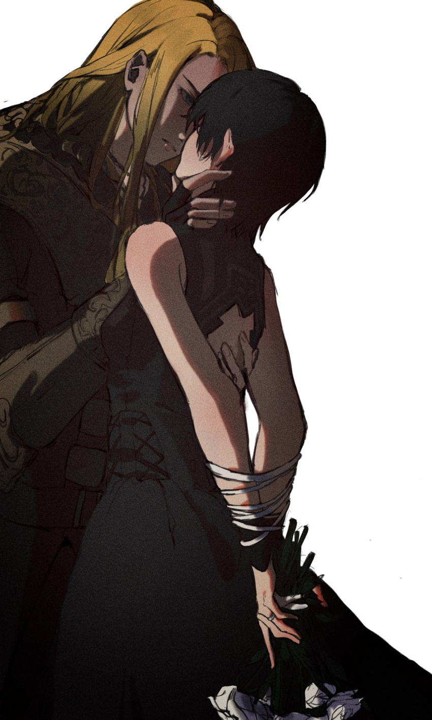 1boy 1girl arms_behind_back avatar_(ff14) back_cutout bare_shoulders black_gloves black_hair blonde_hair blue_eyes bound bound_arms bound_wrists bouquet clothing_cutout eyelashes film_grain final_fantasy final_fantasy_xiv fingerless_gloves flower garlean gloves grey_background highres holding holding_bouquet holding_flower imminent_kiss jewelry kojimarie long_hair looking_at_another parted_lips pink_lips ring short_hair simple_background white_flower zenos_yae_galvus