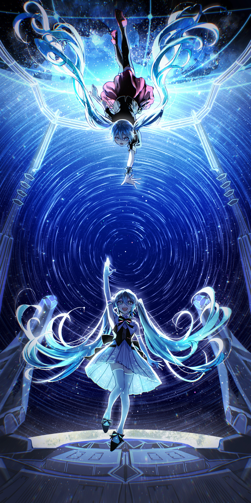 2girls absurdres anti-gravity aqua_dress aqua_hair bangs black_bow black_footwear black_shirt black_thighhighs blue_sky bow bowtie circle collared_dress commentary_request dress floating frilled_cuffs gloves glowing hatsune_miku high_heels highres kika light_particles long_hair looking_down looking_up miku_symphony_(vocaloid) multiple_girls night night_sky open_mouth pleated_dress puffy_short_sleeves puffy_sleeves purple_footwear purple_skirt reaching_out shiny shiny_hair shirt short_sleeves skirt sky sleeveless sleeveless_dress smile teeth thigh-highs twintails upper_teeth upside-down vocaloid white_gloves white_thighhighs