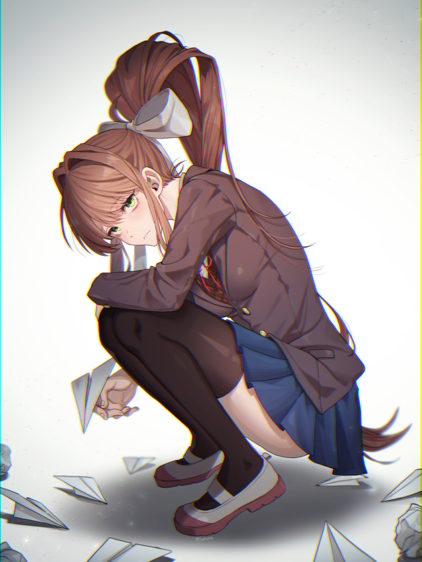 1girl black_thighhighs blazer blue_skirt bow brown_hair brown_jacket crumpled_paper doki_doki_literature_club from_side frown full_body green_eyes hair_ribbon highres holding holding_paper holding_paper_airplane jacket korean_commentary long_hair looking_at_viewer monika_(doki_doki_literature_club) onyang over-kneehighs paper paper_airplane ponytail ribbon school_uniform shoes simple_background skirt solo squatting thigh-highs unhappy uwabaki white_background white_footwear white_ribbon
