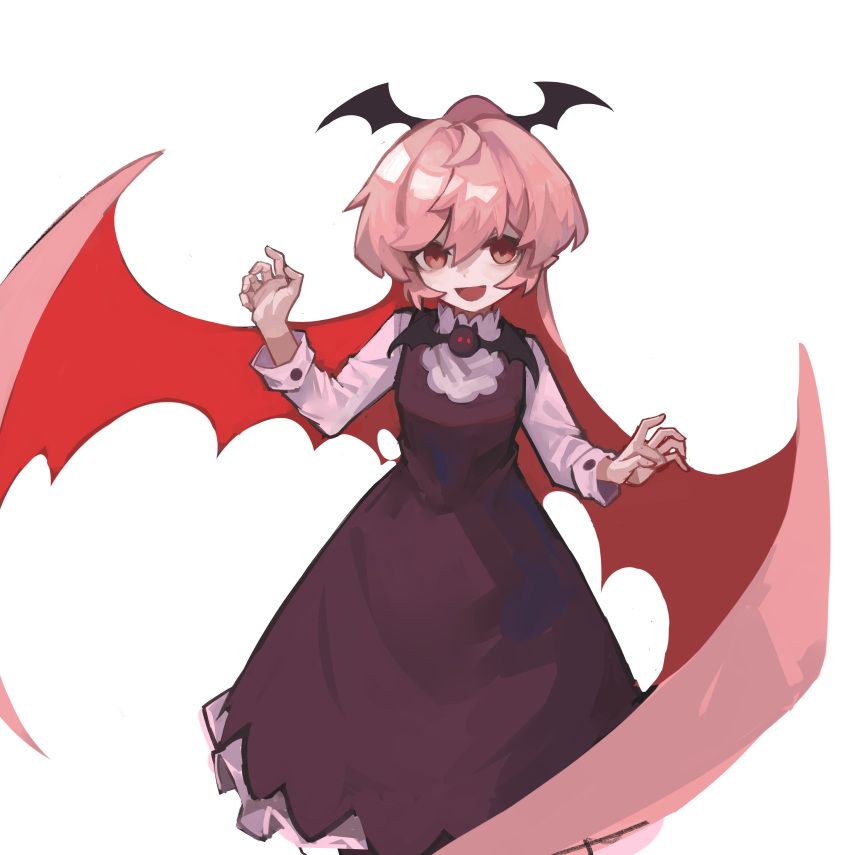 1girl :d absurdres bangs bat_ornament bat_wings black_dress breasts dress english_commentary eyebrows_hidden_by_hair haiiro_teien hair_between_eyes hands_up head_wings highres kawuyuckie long_hair long_sleeves looking_at_viewer low_wings open_mouth petticoat pink_eyes pink_hair ponytail rawberry red_wings simple_background small_breasts smile solo standing white_background wings