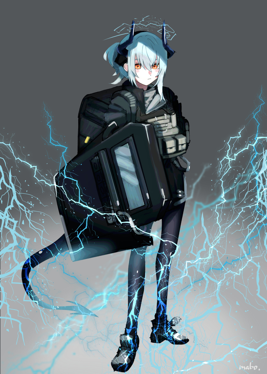 1girl :| absurdres antennae arknights backpack bag bangs black_footwear black_pantyhose black_shirt blue_hair boots closed_mouth dot_nose electricity expressionless full_body grab_pigeon grey_background hair_between_eyes halo headgear highres holding holding_shield light_blue_hair lightning liskarm_(arknights) looking_at_viewer medium_hair orange_eyes pantyhose ponytail riot_shield shield shirt sidelocks signature solo standing tail