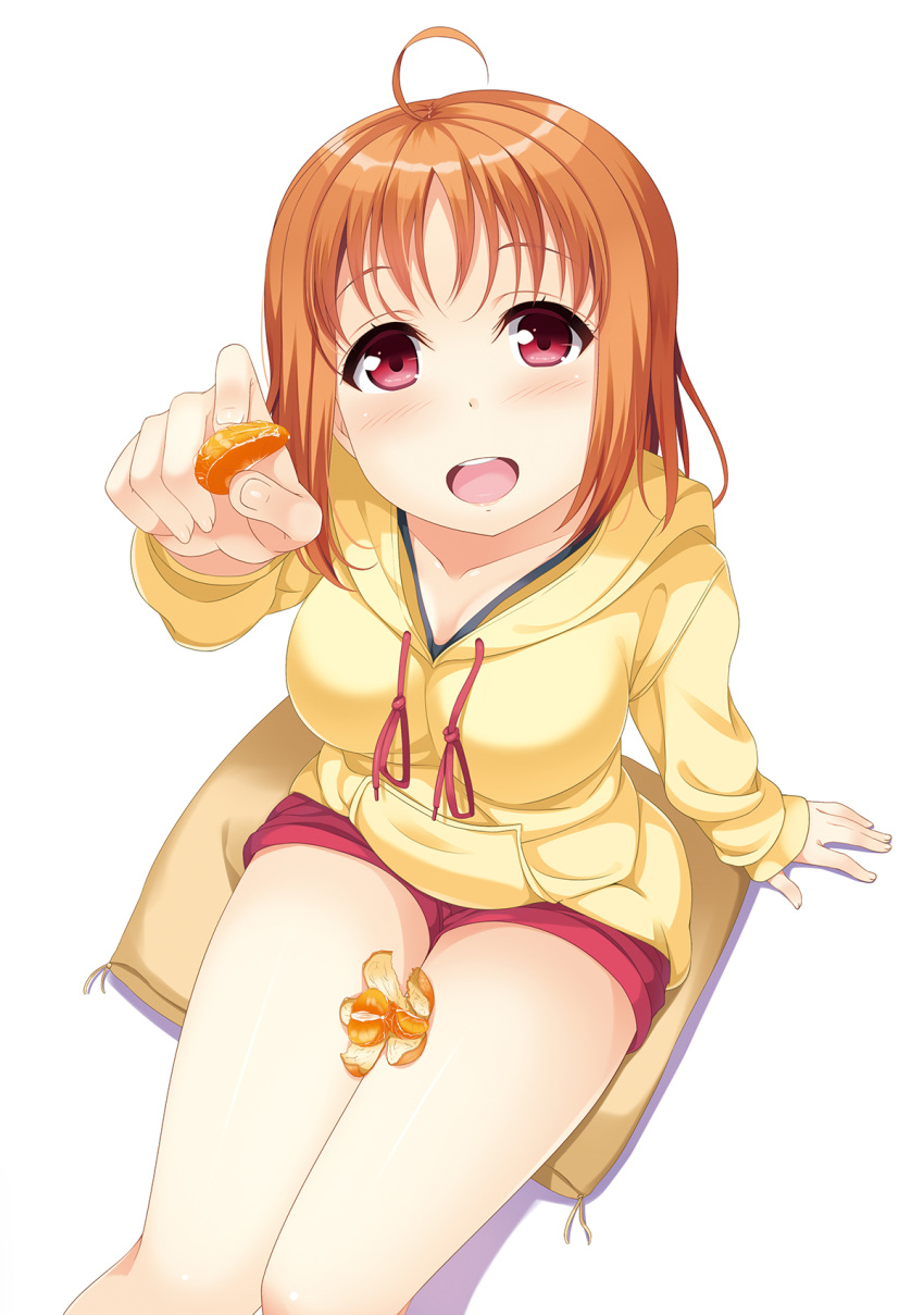 1girl :d ahoge bangs breasts commentary cushion drawstring food food_on_body food_on_legs foreshortening from_above fruit highres hino_minato_(spec.c) holding holding_food holding_fruit hood hoodie looking_at_viewer love_live! love_live!_sunshine!! mandarin_orange medium_breasts medium_hair orange_(fruit) orange_hair orange_slice red_eyes red_shorts short_shorts shorts simple_background smile solo takami_chika tareme teeth thighs tongue upper_teeth white_background yellow_hoodie