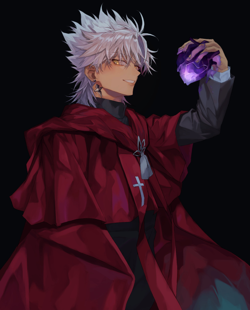 1boy amakusa_shirou_(fate) bangs black_background blood blush brown_eyes cape commentary_request cross cross_print dark-skinned_male dark_skin earrings fate/apocrypha fate/grand_order fate_(series) heart highres holding holding_heart jewelry long_sleeves looking_at_viewer male_focus mutsu_(621300) priest purple_blood red_cape short_hair simple_background smile solo stole tassel teeth upper_body white_hair yellow_eyes