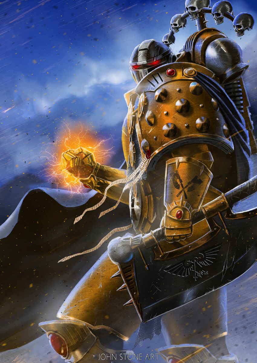 1boy artist_name axe clenched_hand clouds commission electricity english_commentary from_side glowing glowing_eyes highres holding holding_axe john_stone_art looking_at_viewer male_focus power_armor primaris_space_marine red_eyes skull sky solo warhammer_40k